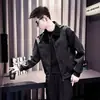 Chaqueta de cuero con solapa tie-dye de moda para hombre, estilo retro americano, corte holgado, color block, abrigo casual de cuero PU tipo bomber, ropa para hombre