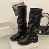 Botas de Moda Cano Médio Femininas 2026 Outono/Inverno Novo Estilo Britânico Retrô Salto Grosso Que Aumenta a Altura Botas de Cavaleiro Dobradas Empilhadas para Calça