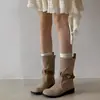 Textura de caxemira fivela de couro camurça retrô francesa bico redondo botas de tornozelo outono e inverno novo estilo salto grosso botas de cowboy femininas