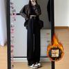 Jeans de Pierna Ancha de Cintura Alta con Forro Polar Negro para Mujer Otoño e Invierno Modernos Combinables Nuevos Holgados Edición Estrecha Pantalones Largos Rectos