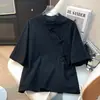 287 Gola Assimétrica Botão de Rã Cor Lisa Algodão Linho Blusa Feminina Verão Fina Nova Roupa Chinesa Zen para Chá Linho Manga Curta Camisa