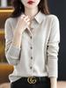 Camisa de punto con cuello polo para primavera y otoño con cárdigan de manga larga holgado y elegante chaqueta con solapa. Venta al por mayor de tops.