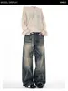 Jeans Rectos Ajustados Azules Lavados Estilo Americano Talla Plus para Mujer, Nueva Moda de Primavera, Pantalones Ajustados de Moda