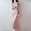 Vestido de Punto 100% Lana Pura para Mujer, Nuevo Vestido Largo Suéter Cuello en U Otoño/Invierno, Elegante Jersey Estilo Oficina