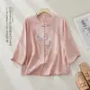 Camisa Feminina Bordada Verão Novidades Roupas de Verão Jacquard Algodão Linho Estilo Chinês Retro Botões de Sapo Gola Alta Manga Três Quartos Top