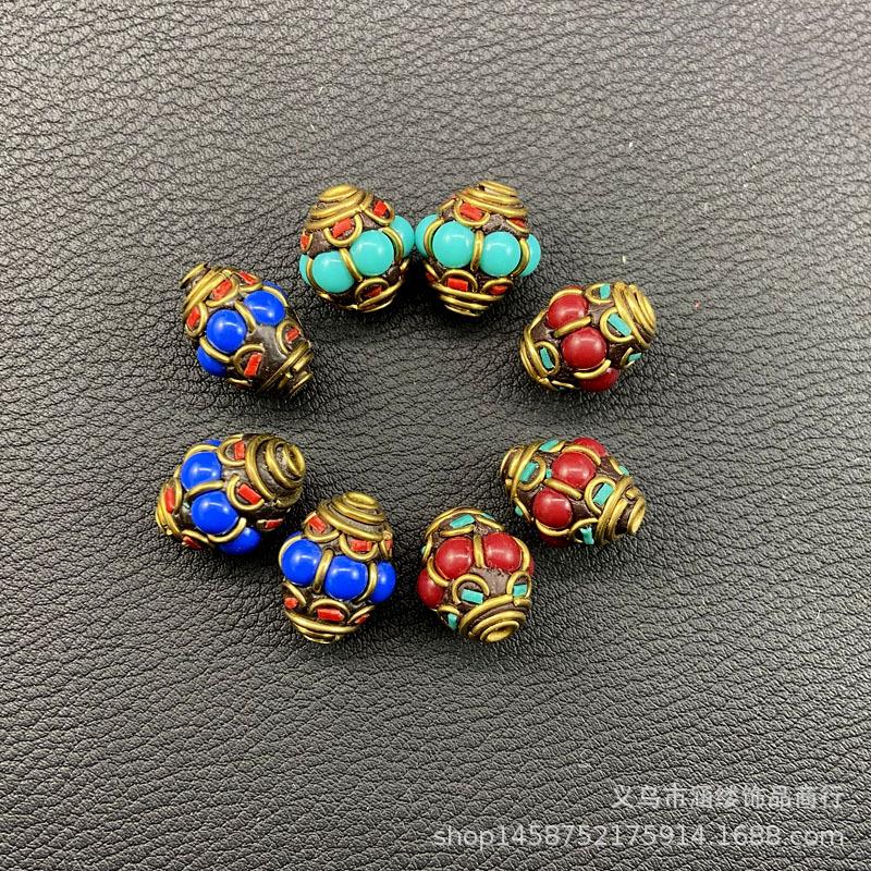 DIY饰品配件批发尼泊尔灯笼铜珠手工镶嵌蓝绿红松石藏饰隔珠散