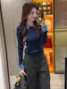 Tejido de terciopelo Andy, suéter de punto con cuello polo, nuevo estilo otoño/invierno, top básico para mujer, suéter interior de color block estilo francés