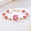 Pulseira de cristal de morango natural, fivela segura para mulheres, pulseira de cristal rosa com flor de pêssego, pulseira de cristal rosa para joias de melhor amiga