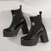 Botas de Couro Femininas Tamanho 35-43 Outono e Inverno, Bico Redondo Couro Envernizado Salto Quadrado Botas Martin, Plataforma Impermeável Meia-Canela Tamanho Grande Transfronteiriço Botas Femininas