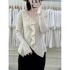 Camiseta de Fondo de Punto de Manga Larga con Cuello en V y Volantes para Mujer Otoño e Invierno 2025 Estilo Coreano Top de Alta Gama