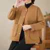 Casaco de Algodão Grosso com Bolso Grande Estilo Retrô de Inverno para Mulheres, Jaqueta Acolchoada 100% Algodão, Roupa de Algodão Quente com Gola Redonda