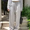 Calças femininas compridas listradas com cordão, estilo coreano, jovens, casuais, soltas, modeladoras, respiráveis e amigáveis à pele