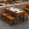 Mesa y Sillas para Comedor Rápido de Madera Maciza a la Parrilla con Carbón sobre Losa de Roca, Mesa para Restaurante, Tienda de Snacks, Tienda de Fideos, Juego de Parrilla y Olla Caliente tallado estilo chino