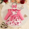 Nuevo Estilo Otoño 2026 Conjunto de Vestido con Tirantes para Bebé Niña de 0-1 Año Top de Manga Larga de Color Sólido + Vestido Estampado de Doble Capa