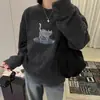 Moletom de Lã Bordado com Gato para Mulheres Inverno 2025 Macio Amigo da Pele Cartoon Retrô Gola Redonda Camada Interna Jaqueta Top Tendência