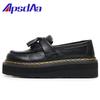 Mocassins de Borla de Sola Grossa para Mulheres, Couro Genuíno Cano Baixo Primeira Camada Granulado Sapatos Martin Femininos, Sapatos de Plataforma Leves Versáteis para Estudantes