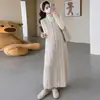 Estilo Coreano Ropa Suave de Otoño para Madres Embarazadas Chaleco de Punto Rayado Falda Larga Capa Interior Elástica Holgada Vestido de Maternidad de Manga Larga