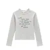 Camiseta Blanca y Gris de Cuello Redondo y Manga Larga para Mujer, Marca de Moda Estilo Americano, Diseño Simple de Letras, Corte Ajustado, Preciosa Camiseta Interior