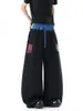Pantalones Rectos de Pierna Ancha Unisex Negros de Estilo Callejero Americano Vintage de Cintura Alta Largos hasta el Suelo Versátiles con Cordón Hip-Hop Deportivos