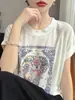 Camiseta de punto fino de Tencel estampada con cuello redondo y manga corta para mujer, 26 nuevos estilos primavera-verano, top versátil corto y fino