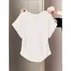 Camiseta de Manga Corta para Mujer con Hombro Derecho Estilo Diseñador, Nueva Colección Primavera/Verano 2026, Nicho Único Exquisito, Top de Algodón Puro con Cintura Fruncida