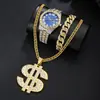 2026 Novo Modelo Transfronteiriço Relógio com Pulseira de Aço Romana Cravejada de Diamantes Conjunto de 2 Peças de Relógio Decorativo a Quartzo Conjunto com Pingente de Dólar Hip-Hop