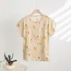 Top de algodão e seda estampado de verão feminino fino solto emagrecedor manga curta outer wear de algodão artificial camiseta gola redonda