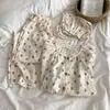 Pijama de Algodão Nuvem para Mulheres, Conjunto de Três Peças Verão Fino Manga Curta Calça Longa, Conjunto de Roupa de Casa Solto e Fofo de Menina Cartoon