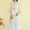Camisa de algodão e linho estilo chinês novo, artística e retrô, top bordado estilo étnico de comprimento médio para o verão, vestido de chá soltinho para mulheres