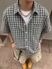 Camisa de Manga Corta a Cuadros Americanos para Hombre Verano Solapa Bolsillo Único Holgada Casual Delgada Camisa Cardigan