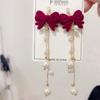 Pendientes Largos Ancora Vino Tinto con Lentejuelas Rojas, Lazo, Borla de Perlas, Pendientes Festivos de Otoño, Invierno y Año Nuevo