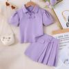 Conjunto para Niñas Estilo Transfronterizo con Botón Compuesto Top de Manga Corta + Falda Plisada de Imitación de Dos Piezas Ropa Infantil al Mayoreo