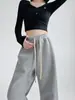 Pantalones de Chándal Acanalados en la Cintura Color Gris Oscuro para Mujer, Nuevos Pantalones Jogger Casuales de Cintura Alta para Primavera y Otoño, Pantalones Rectos Holgados de Corte Petite