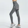 Calça esportiva falsa de duas peças feminina justa de secagem rápida calças treino yoga corrida fitness calças com buraco queimado cintura alta roupa externa que contrai a barriga