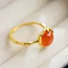 Anel Feminino Xirui Natural Vermelho Sul Quadrado Formato de Bambu Prata S925 Banhado a Ouro Novo Estilo Étnico Chinês Retrô Joia