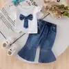 2026 Nuevo Conjunto de Estilo Academia para Niñas de Comercio Exterior Transfronterizo Top Blanco de Mezclilla con Lazo Manga Corta + Pantalones Largos