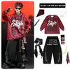Conjunto Street Dance Hip Hop Infantil Tendência Listrado Preto e Vermelho Solto Meninos Roupa de Performance Hip Hop Legal Bonita Meninas