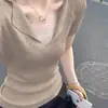 Camiseta de manga corta para mujer, estilo "old money", escote en V semiabierto, corte ajustado, top de punto tipo polo con cuello vuelto adelgazante, verano 2026