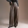 Calça de couro PU cor de café, calça de perna larga curva para mulheres, novo estilo outono 2026, cintura alta, modeladora, solta, com caimento, casual, moderna