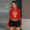 Comércio Exterior Europeu e Americano Mais Vendido Lingerie Sexy Cor Rosa Vibrante com Strass, Top Slimming de Manga Longa Sexy Transparente com Detalhes de Strass Roupa de Renda Tz874
