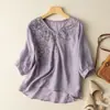Ropa Nueva de Verano 2024, Encaje Bordado Filtrado, Holgada, Aspecto Adelgazante, Tops de Algodón y Lino que Cubren la Piel, Camisetas de Manga Corta para Mujeres con Sobrepeso