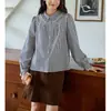 Blusa de Mujer con Solapa de Volantes Franceses, Encaje Empalmado, Textura a Cuadros, Manga Larga