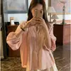 Enviado~ Camisa casual listrada de gola redonda estilo coreano para o início do outono, modelagem solta e emagrecedora, top com colarinho semiaberto para mulheres 25478