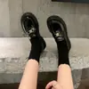 Versão em Couro~Mocassins de Solado Grosso Estilo Britânico para Mulheres Bico Redondo Slip-ons Arco do Triunfo Salto Grosso Sapatos de Salto Único Escolares Sapatos Pequenos de Couro