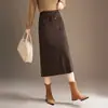 Falda de Punto Recto Línea A para Mujer Invierno 2025 Nueva Falda Ajustada de Cintura Alta de Lana con Cordones de Longitud Media