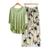 Pijama de Modal Fino de Verão Feminino Calça de Nove Pontos Fina Roupa de Casa com Terno de Calça Pantalona de Seda de Algodão com Manga Curta