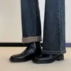 Botas Curtas Chunky de Solado Grosso Estilo Francês para Mulheres, Outono e Inverno Novo Retrô Preto Emagrecedoras Bico Quadrado Elásticas Skinny, Botas Martin