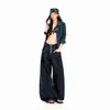 Laranja jovem # Jeans wide leg com design de prega de botão, corte solto, modelador, valorizador, com caimento, casual, versátil, calça comprida para mulheres