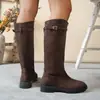 Botas Altas Retro de Gamuza Europeas y Americanas para Mujer Hebilla de Cuero Tacón Grueso Botas Largas Otoño e Invierno Botas de Caballero del Oeste Suministro Transfronterizo