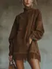 Novo Estilo Europeu e Americano Marca Independente Transfronteiriça Vestido Longo de Manga Comprida com Gola Alta em Camurça Vintage com Bolsos Soltos e Design de Franjas